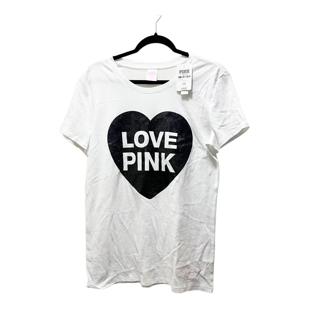 Victoria's Secret PINK Originals White Sparkle Heart Short Sleeve T-Shirt Size M - Picture 2 of 7